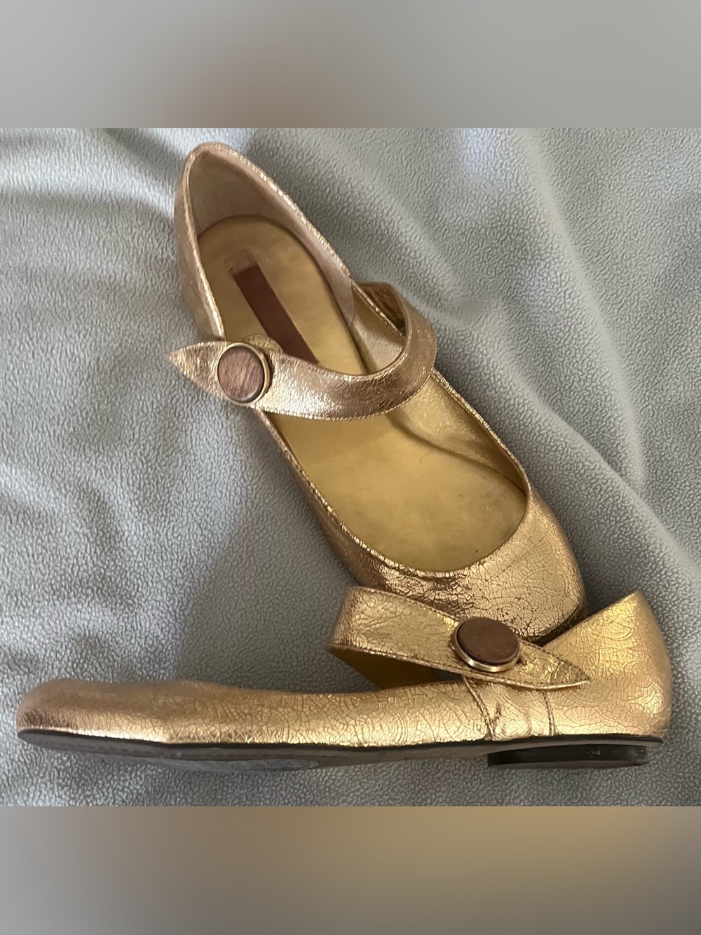 BCBGMaxAzria Metallic Gold Mary Jane Flats with Button Strap